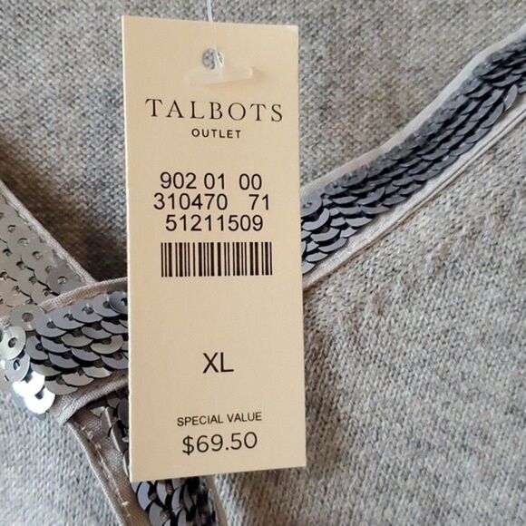 NWT TALBOTS GRAY SILVER COTTON BLEND V-NECK SEQUIN SWEATER SZ XL - Picture 6 of 9